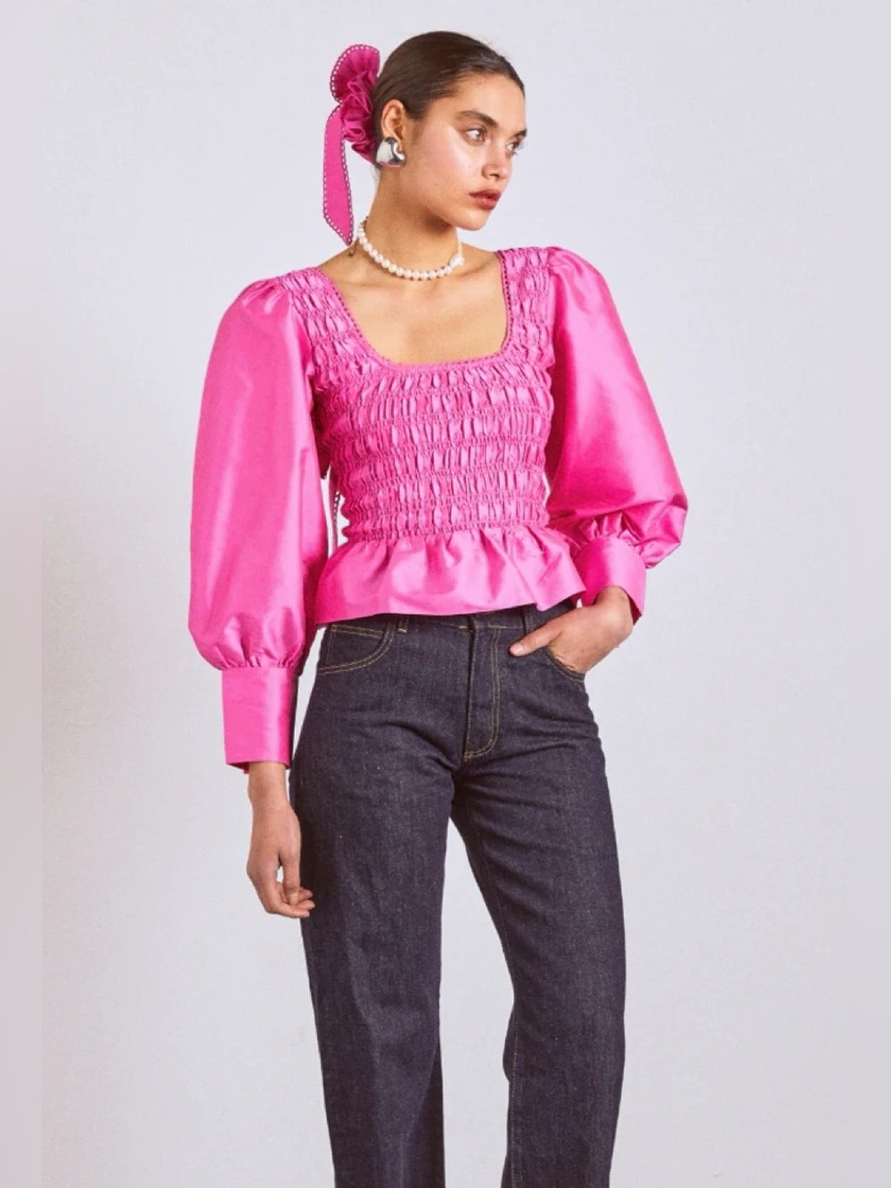 NWT Damson Madder Ariana Pink Taffeta Shirred Puff Sleeve Bow Blouse US 8 UK 12